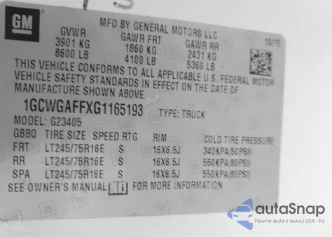 2016 Chevrolet Express 2500 Work Van z USA, uszkodzony, nr VIN 1GCWGAFFXG1165193